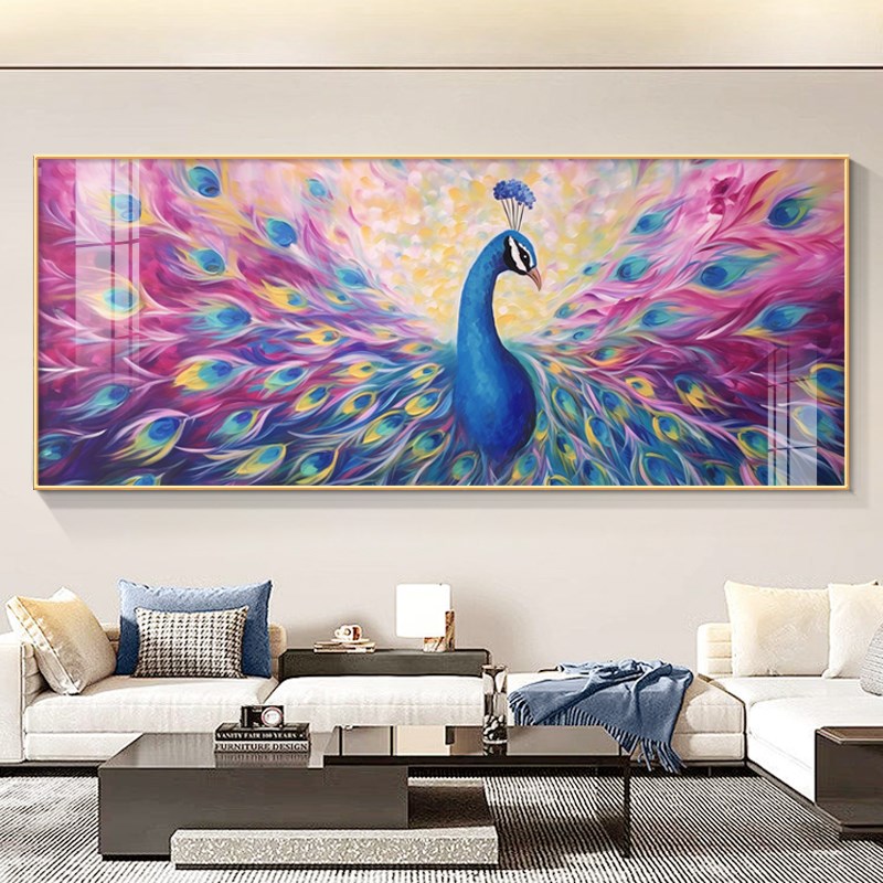 孔雀开屏客厅装饰画大芬村油画奶油肌理感富贵吉祥沙发背景墙挂画图片