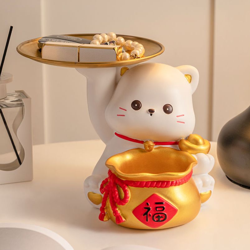 招财猫福袋玄关钥匙收纳摆件桌面托盘家居客厅入户装饰品搬家礼物