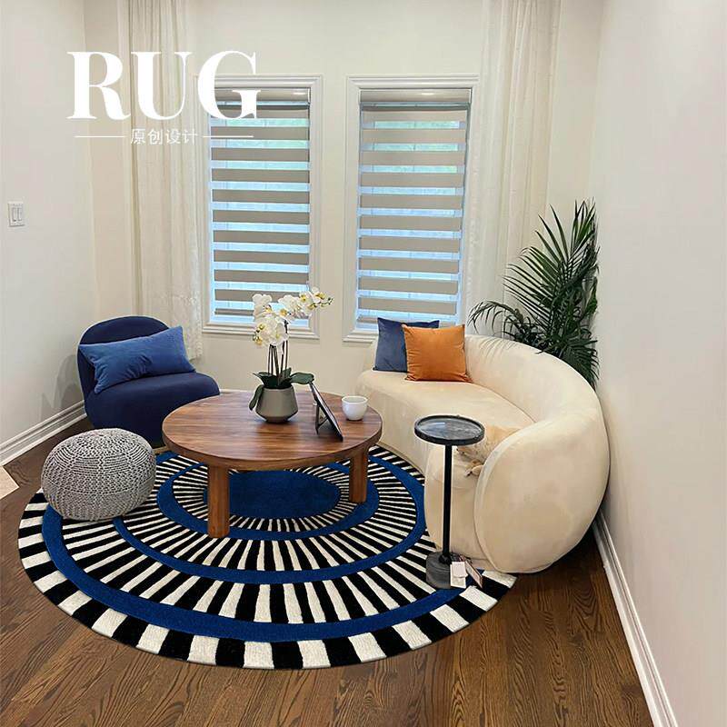 法式复古圆形地毯轻奢高级感蓝色条纹客厅沙发茶几毯卧室椅子地垫