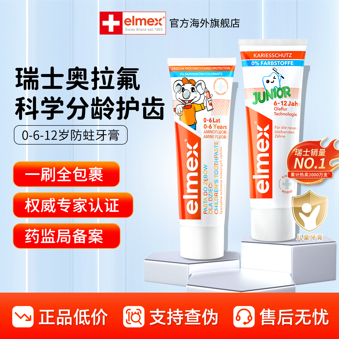 elmex艾美适儿童牙膏0-6-12岁含氟防蛀奥拉氟防龋齿宝宝儿童专用