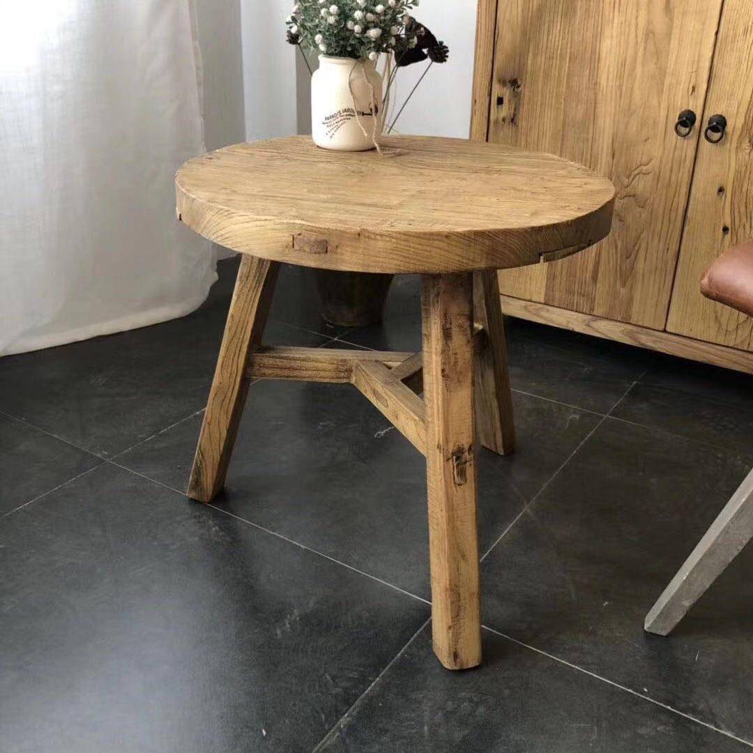 老榆木茶桌复古怀旧桌子户外圆形矮桌榻榻米风格茶桌实木小炕桌