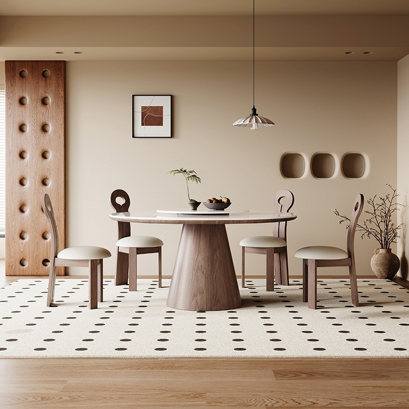 实木岩板餐桌2025新款圆形家用带转盘组合现代简约大小户型饭桌子