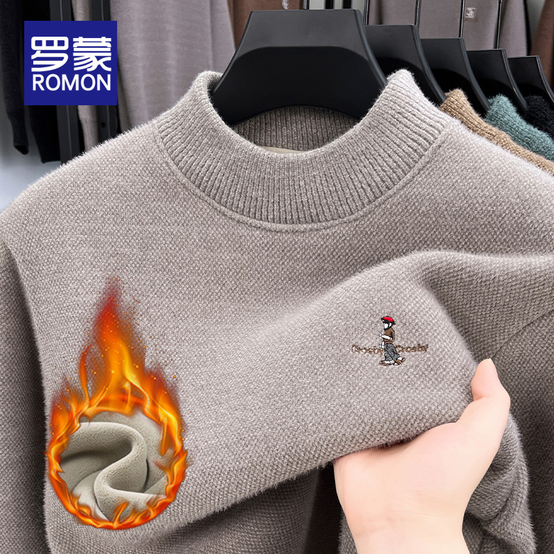 罗蒙冬季半高领毛衣男加绒针织衫