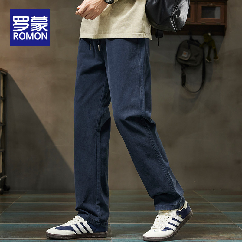 罗蒙男士纯棉休闲裤秋季新款宽松时尚百搭直筒长裤子男款运动男裤