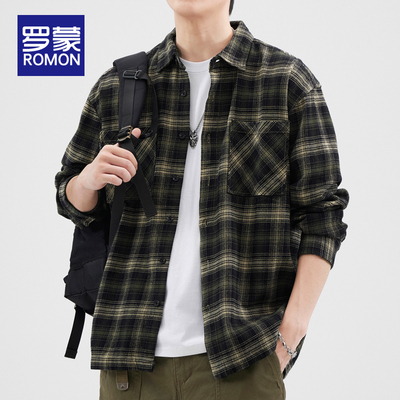 罗蒙纯棉格子衬衫男款春秋复古