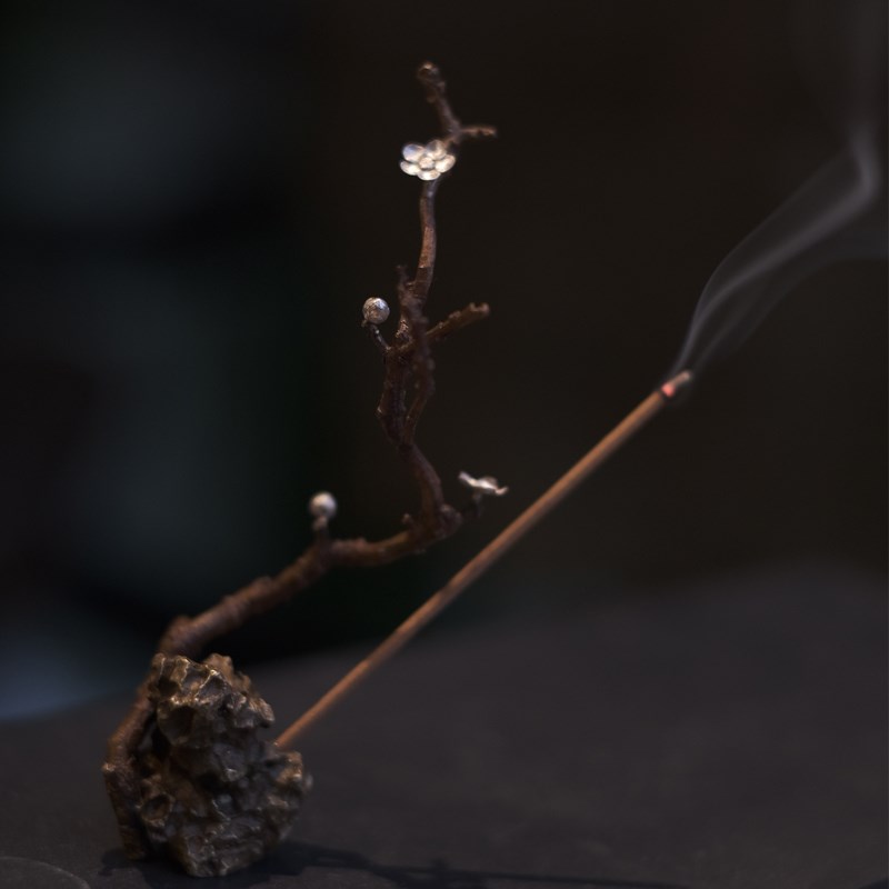 月拾伍全手工雕刻高端香器梅花铜制石梅银J香插手工便携香座长12C