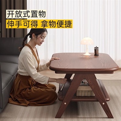 实木茶几客厅家用2025新款小户型双层简约茶台中古风沙发边小桌子