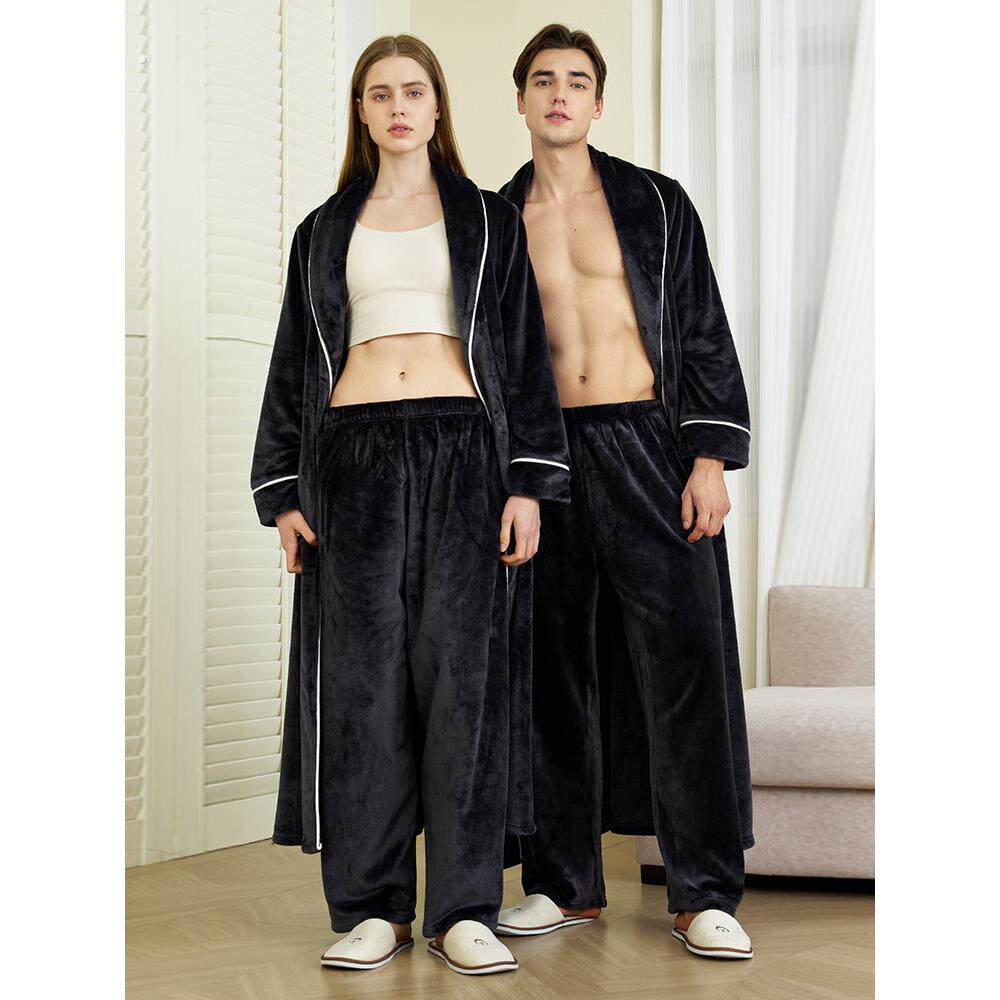 秋冬季加厚加长款情侣睡袍女带裤子睡衣男士加大码保暖浴袍家居服