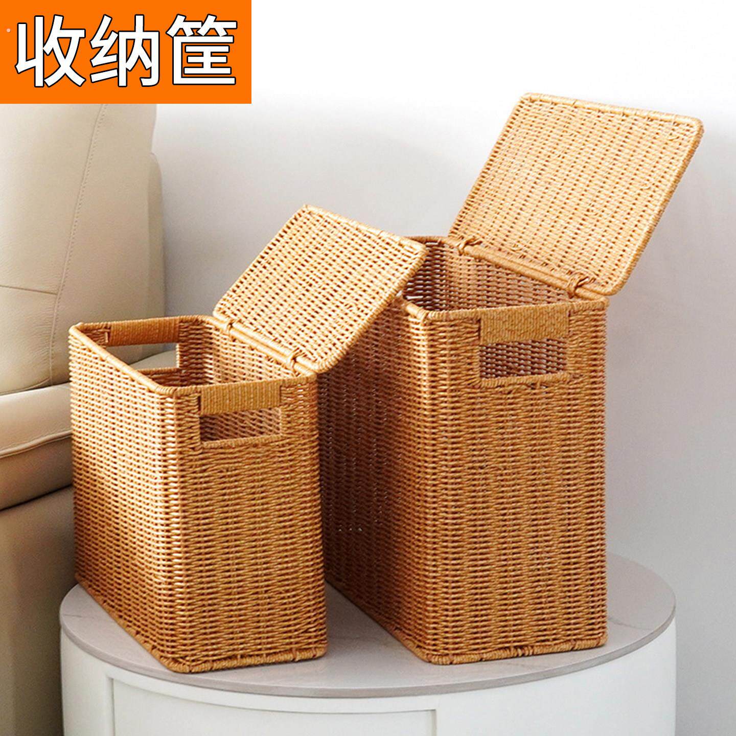 窄高型带盖子收纳箱家用缝隙杂志筐彷藤编杂物收纳盒墙角沙发边角