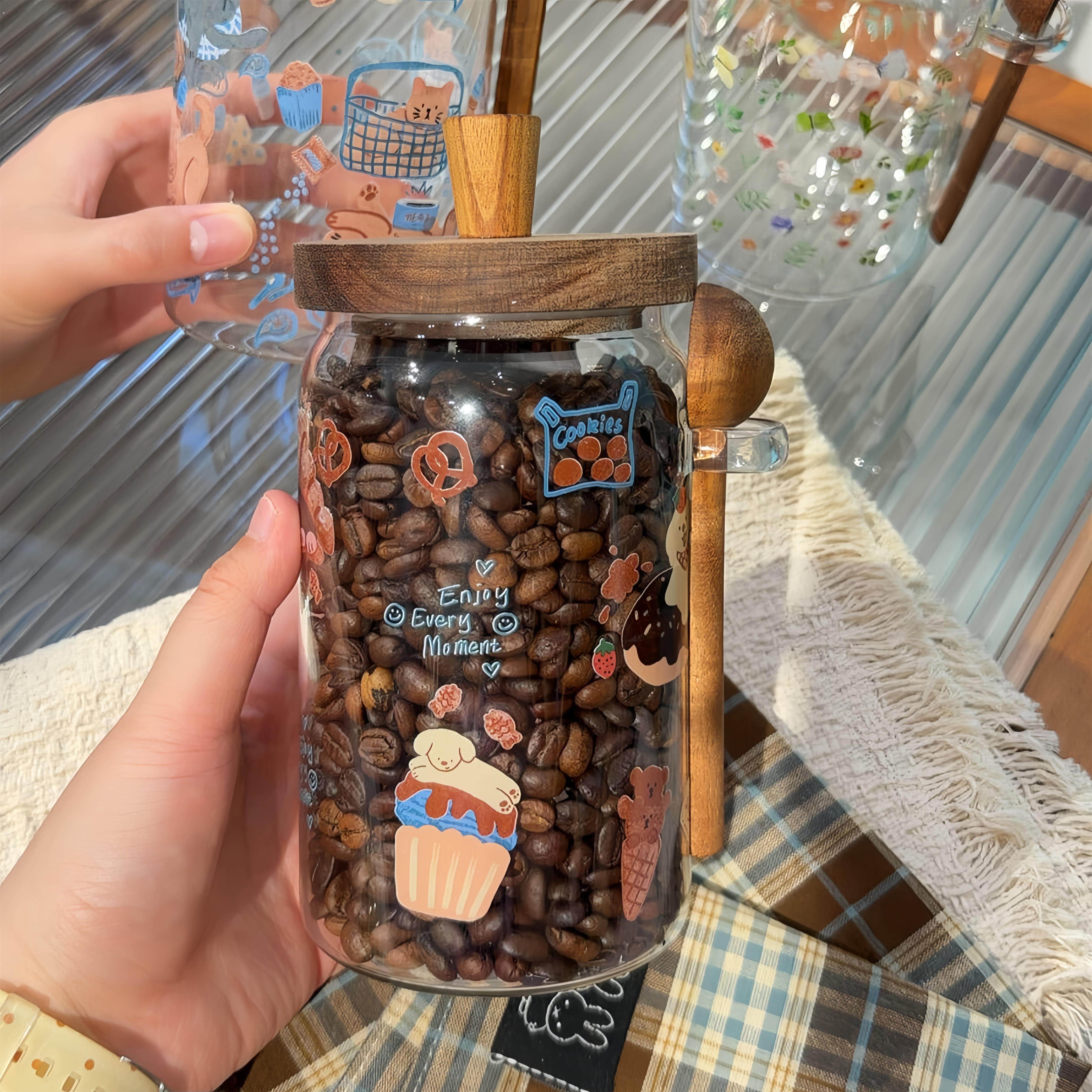 玻璃收纳罐咖啡豆密封罐带勺木盖杂粮大米红豆储物罐厨房家用收纳
