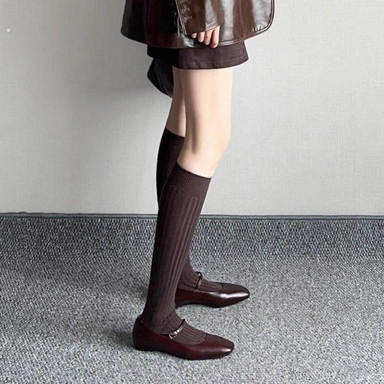 深棕色竖条纹小腿袜女秋冬时髦微压显瘦MIU系无骨双针羊毛长筒袜