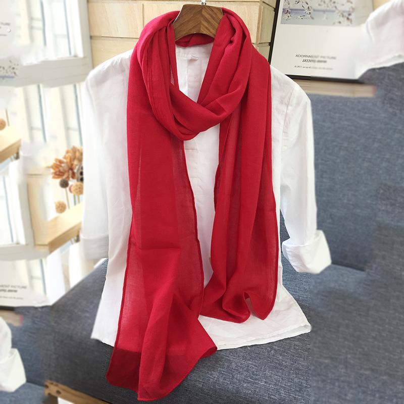 酒红色细窄长条棉麻围巾女秋薄空调护颈围脖丝巾韩版百搭纯色纱巾