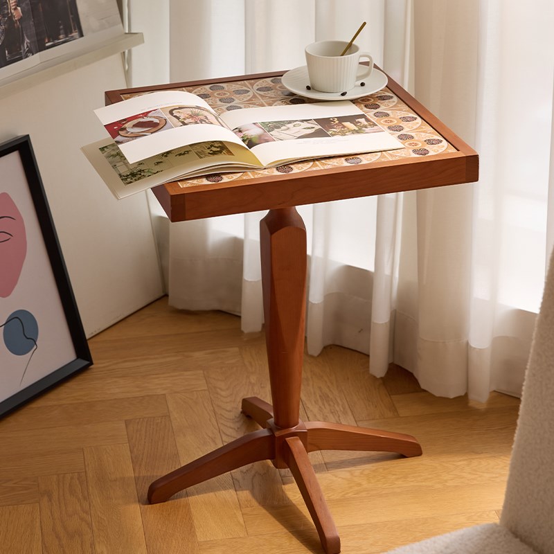 法式樱桃木实木沙发边几复古阳台花瓷砖茶几咖啡方桌床头中古家具