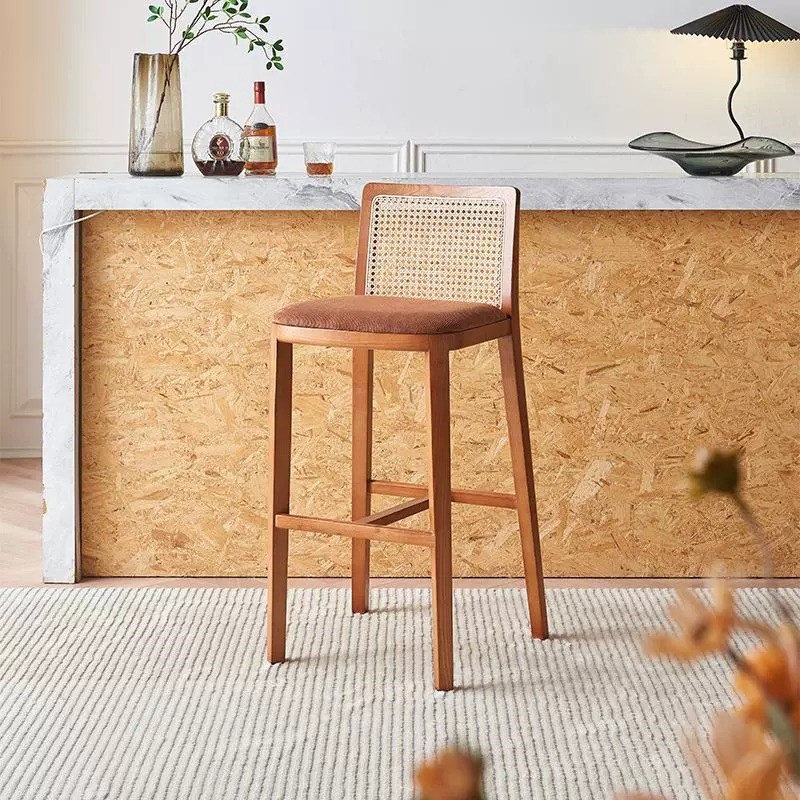 中古藤编实木吧台椅子餐椅高级感前台椅靠背酒吧咖啡馆岛台高脚凳