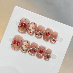 猫眼显白美甲 马到成功新年纯手工美甲穿戴甲爱心蝴蝶结高级短款