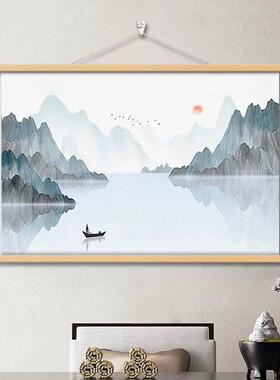 新中式湖光山色客厅装饰画书房水墨山水画茶室挂画沙发背景墙壁画
