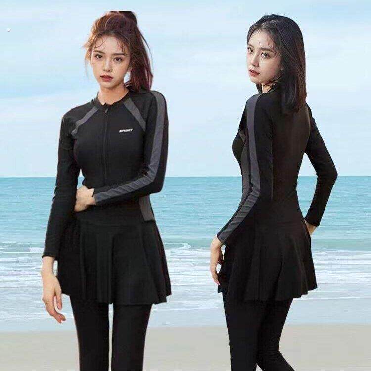 大码泳衣女保守连体遮肚显瘦长袖防晒水母服浮潜潜水服运动泳装女