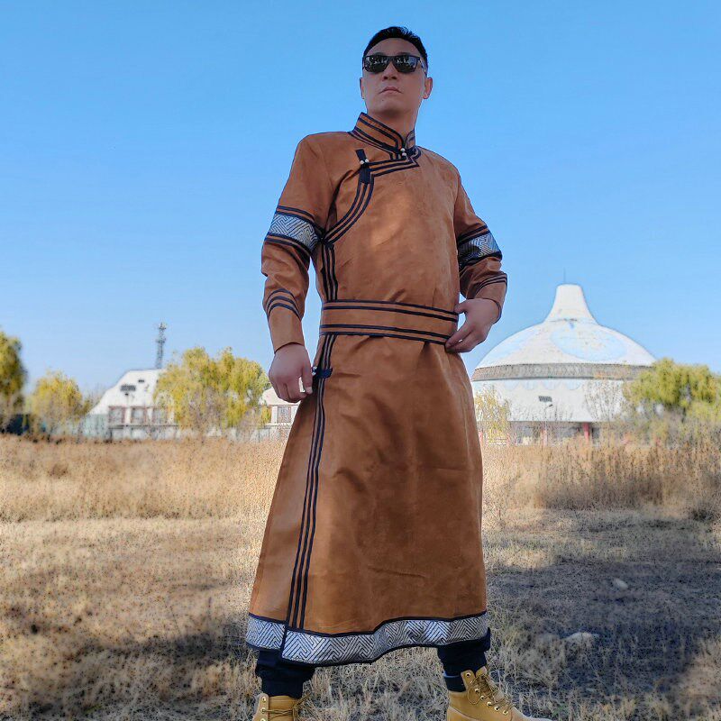 秋冬蒙古服装男士仿鹿皮绒长款蒙古袍日常生活装民族舞蹈演出服装