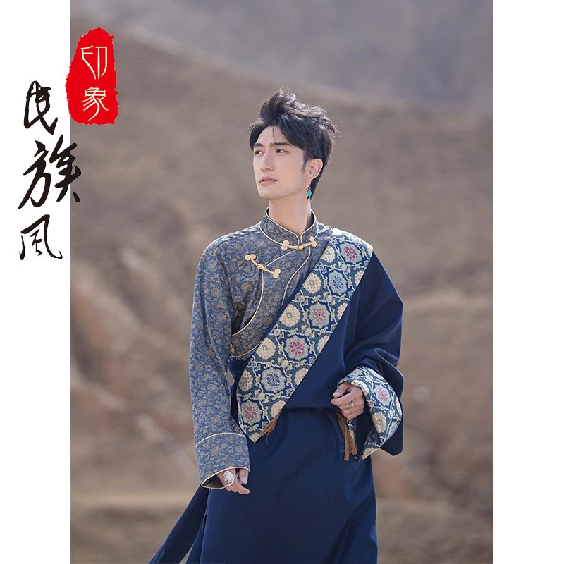 2024藏袍男款藏族中国风绣花男衬衣花边藏袍长款传统舞蹈舞台套装