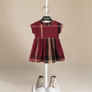 儿童红色连衣裙女童夏装公主裙宝宝格子裙洋气女孩裙子英伦风童装