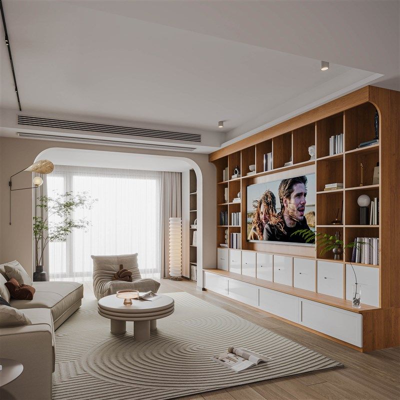 定制樱桃木书柜满墙一整体组合实木书架带门抽屉白色到顶电视投影