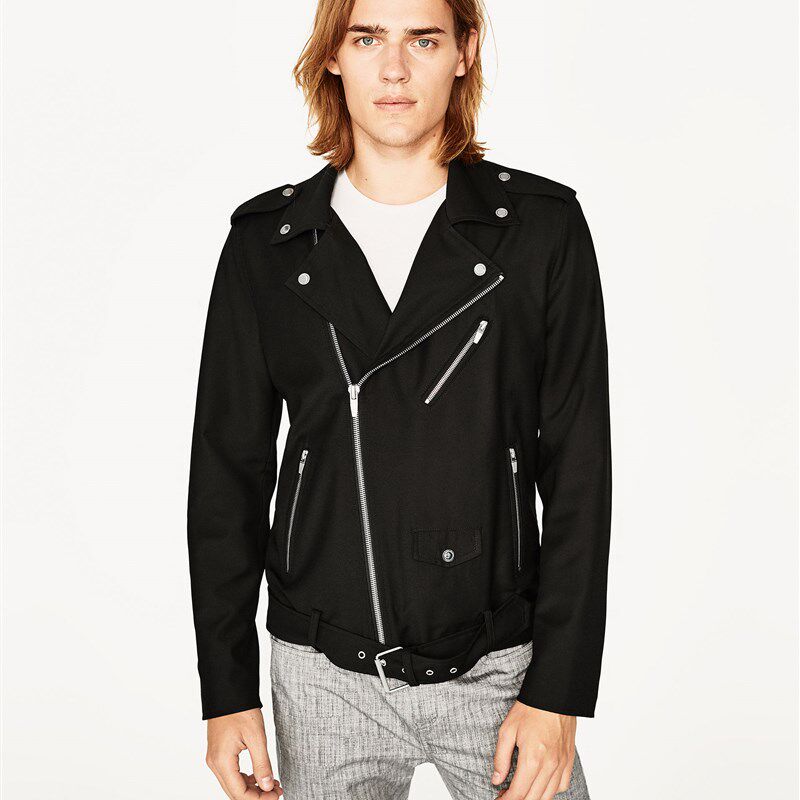2021春装新款ZA男款肩章饰斜拉链修身骑士外套休闲机车夹克薄款