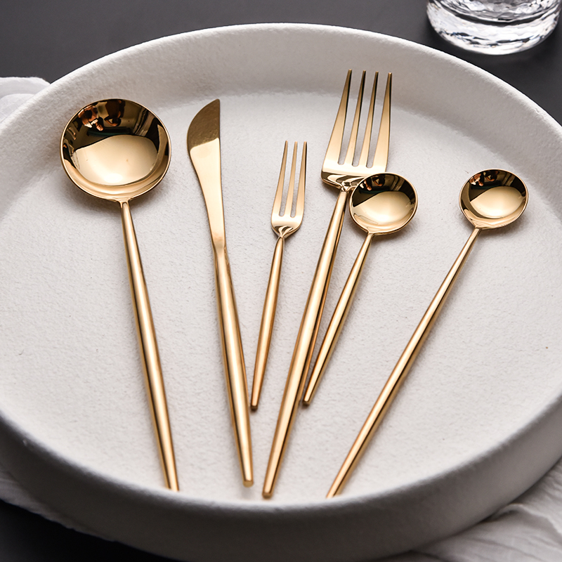 金色304不锈钢牛排刀叉勺三件套装西餐餐具筷子勺子家用刀叉网红
