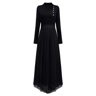 黑色毛衣针织连衣裙长款过膝网纱裙子高领加厚内搭打底长裙女秋冬