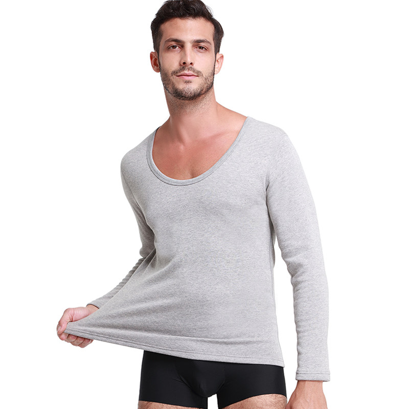 新款超低领保暖内衣男士加厚加绒保暖上衣单件大领口打底衫冬季