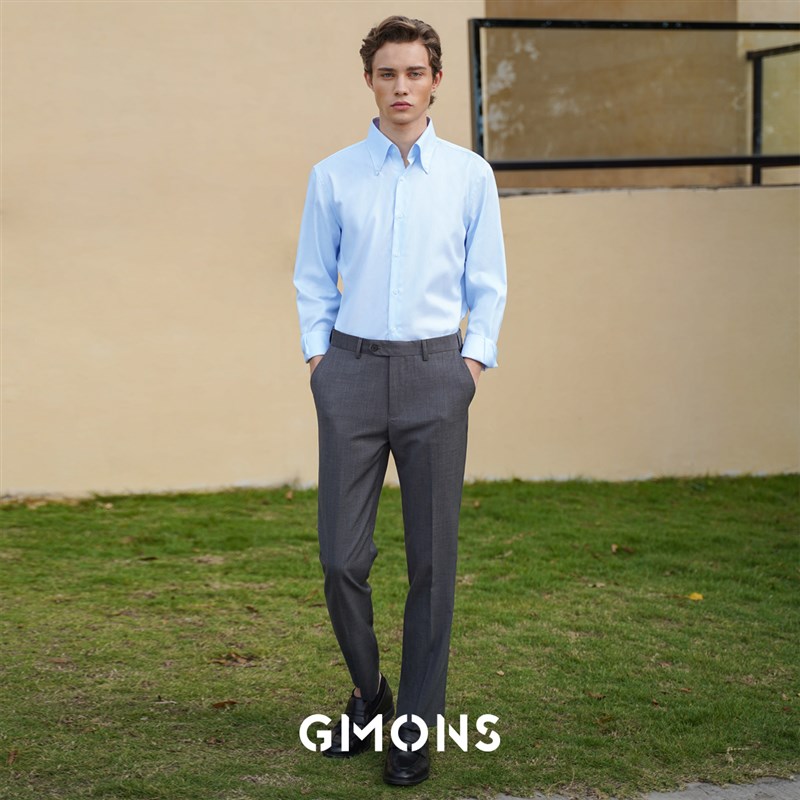 【100支】吉约蒙长袖衬衫男士浅蓝色商务正装纽扣领修身免烫衬衣