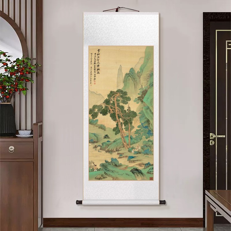 新中式卷轴挂画仙山楼阁图入户玄关装饰画正对门青绿山水仿画国画