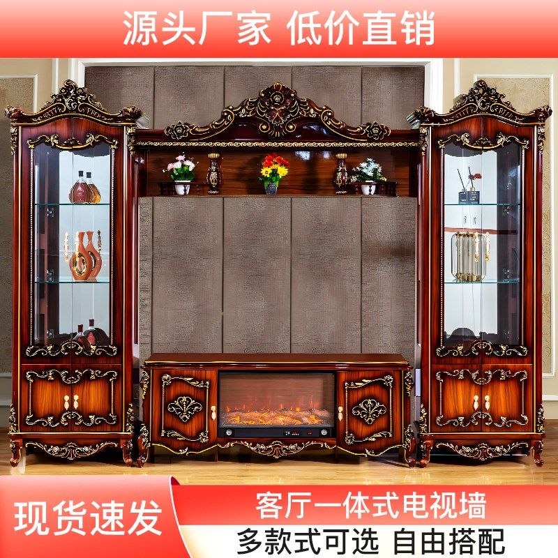 欧式电视机柜背景墙组合客厅酒柜储物柜家用影视柜地柜一体奢华白