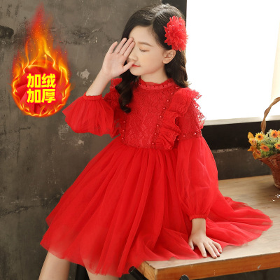 女童秋冬装2021中大童蕾丝连衣裙加绒公主裙蓬蓬沙裙礼服红色白色