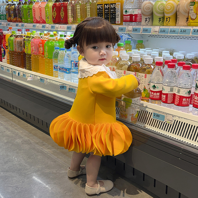 小蜜糖童装2023春季新款黄色花瓣裙女宝宝百褶裙连衣裙洋气裙子潮