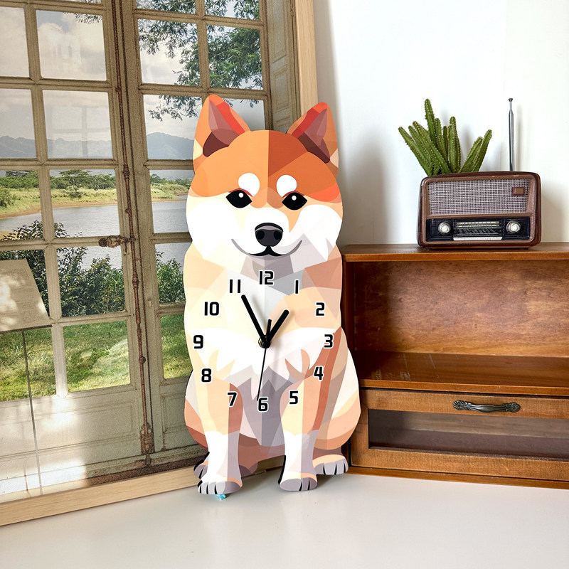 卡通创意秋田狗狗装饰挂墙钟表客厅儿童宠物店静音可爱时钟挂钟饰