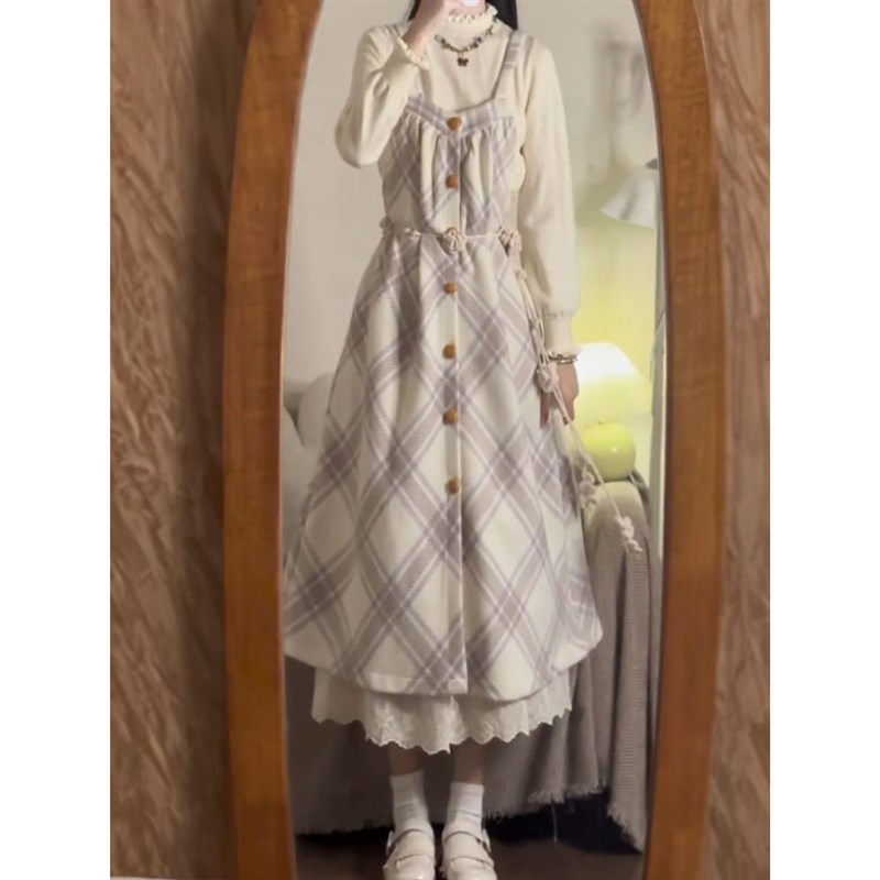 2025春季新款森系甜美格纹毛呢背带连衣裙+针织打底衫学生两件套