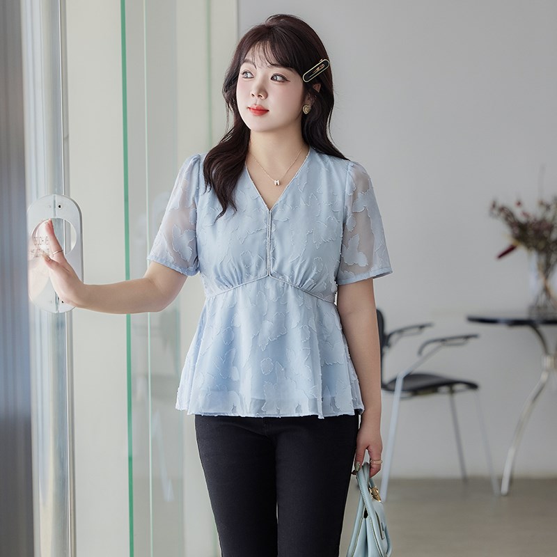 显瘦大码胖MM上衣女夏装新款V领收腰A字遮肚子短袖气质提花雪纺衫