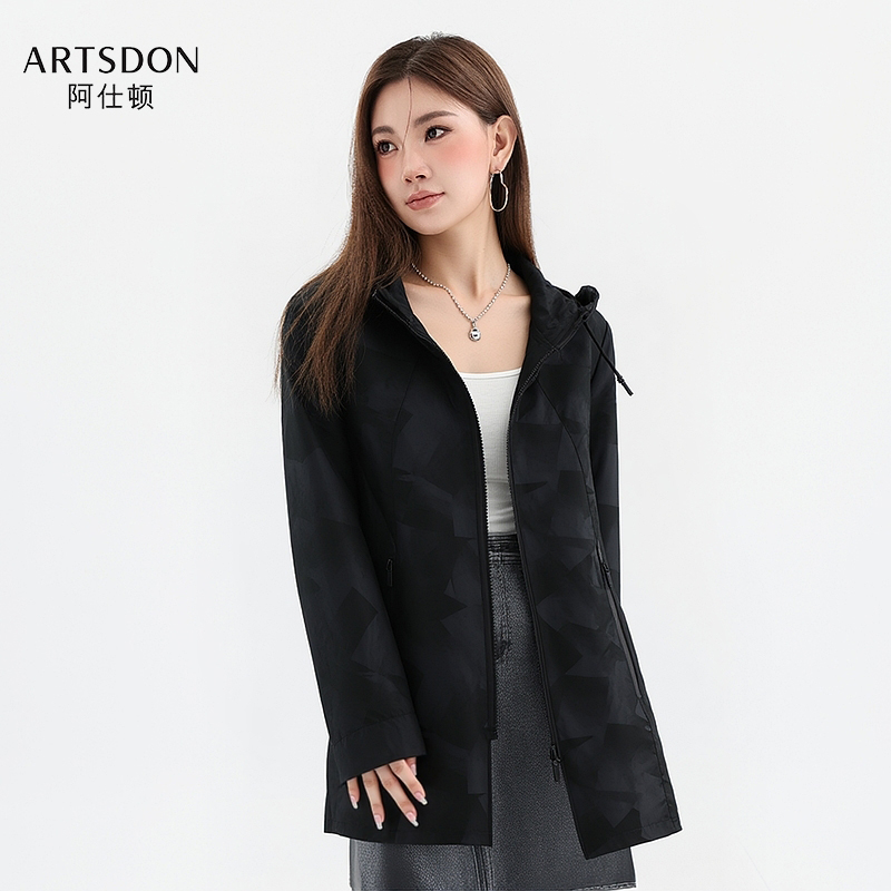 Artsdon/阿仕顿2025秋季女士简约休闲舒适迷彩花纹连帽夹克外套潮