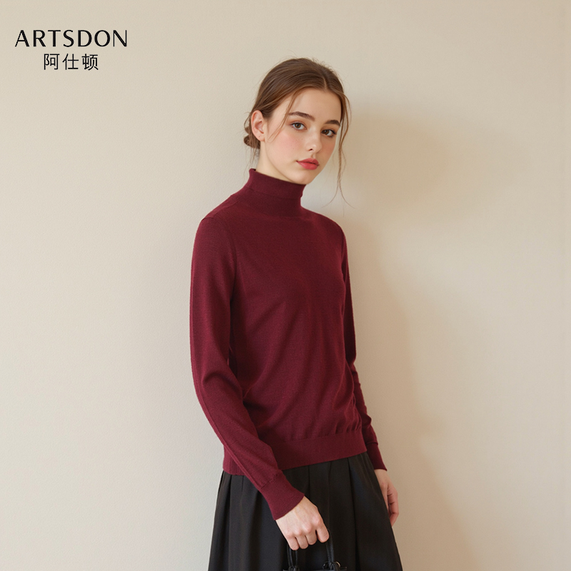 Artsdon/阿仕顿2025春秋女士休闲简约纯色商务基础高领长袖针织衫