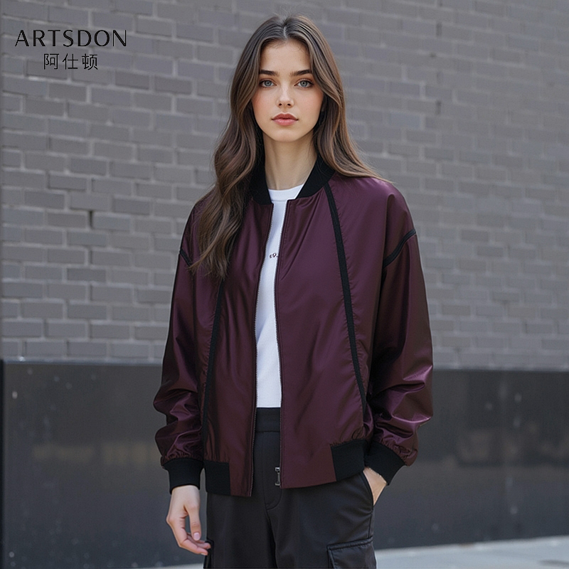 Artsdon/阿仕顿2025春秋女士新款立领暗紫色潮流纯色拉链夹克外套