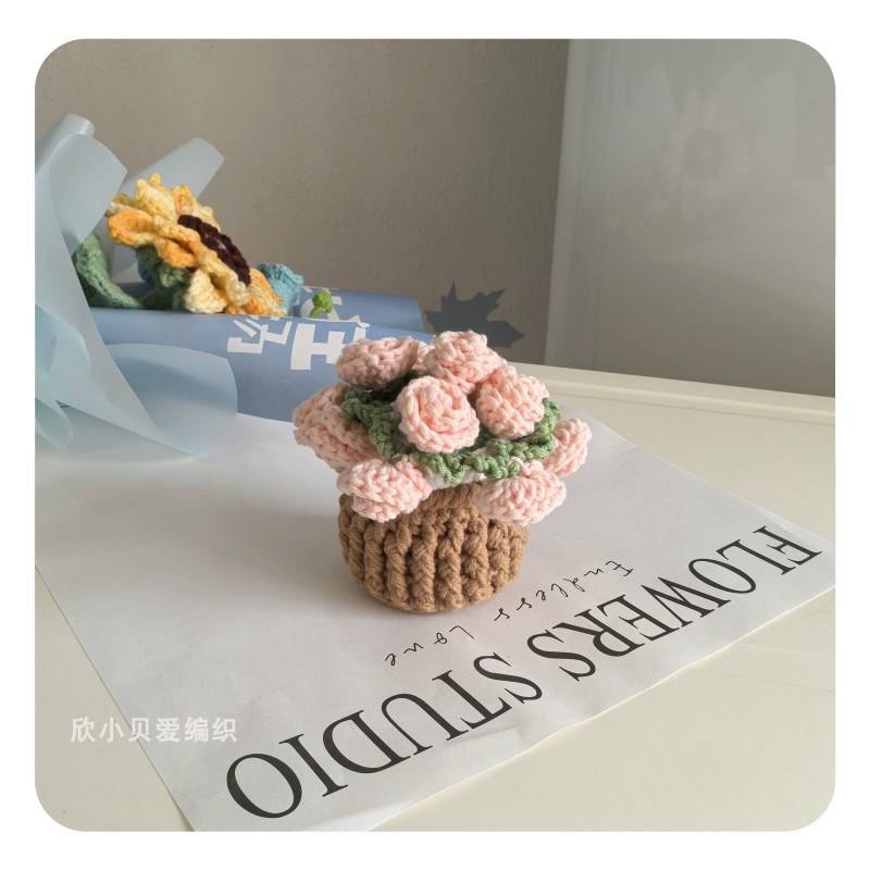 成品手工b钩织迷你花束杯垫毛线钩织田园风格送闺蜜礼物 玫瑰花毯