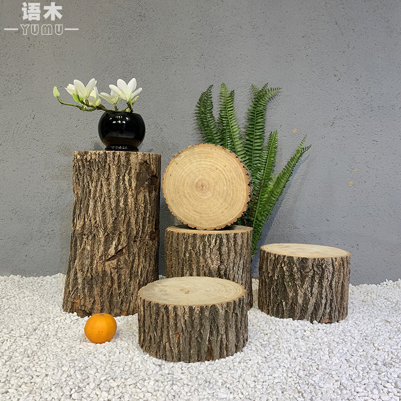 木墩 带树皮田园tian然树桩花B架实木根雕香樟木原木摆件圆形包邮