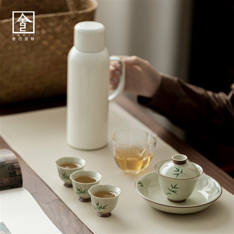 家用功夫茶具套装盖碗p焖茶壶釉下彩纯手绘筱竹陶瓷茶杯匀杯旅行