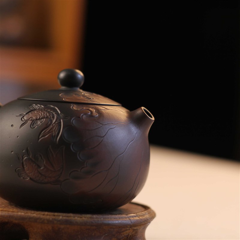 广西钦州坭兴陶茶l壶茶具纯手工制作荷花鱼茶壶精品主人杯套装送