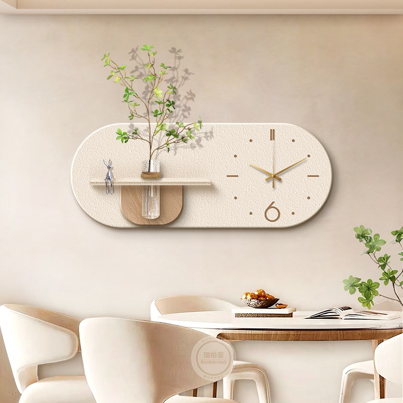 奶油风餐厅装饰画带钟表2024新C款客厅背景墙挂画绿植高级感墙壁