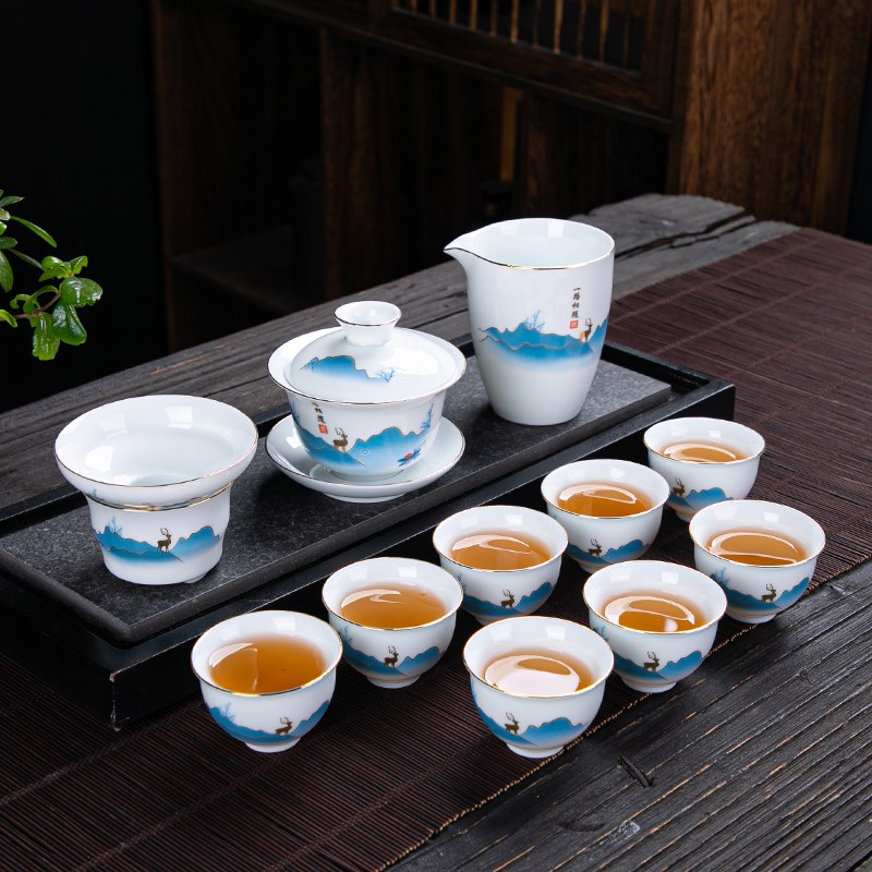 德化白瓷陶瓷简约描金p盖碗功夫茶具套装喝茶碗家用品茗杯茶道零