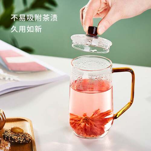 伙拼高档绿茶杯刻花透明玻璃杯带把泡茶杯办公室喝水杯子个人专用