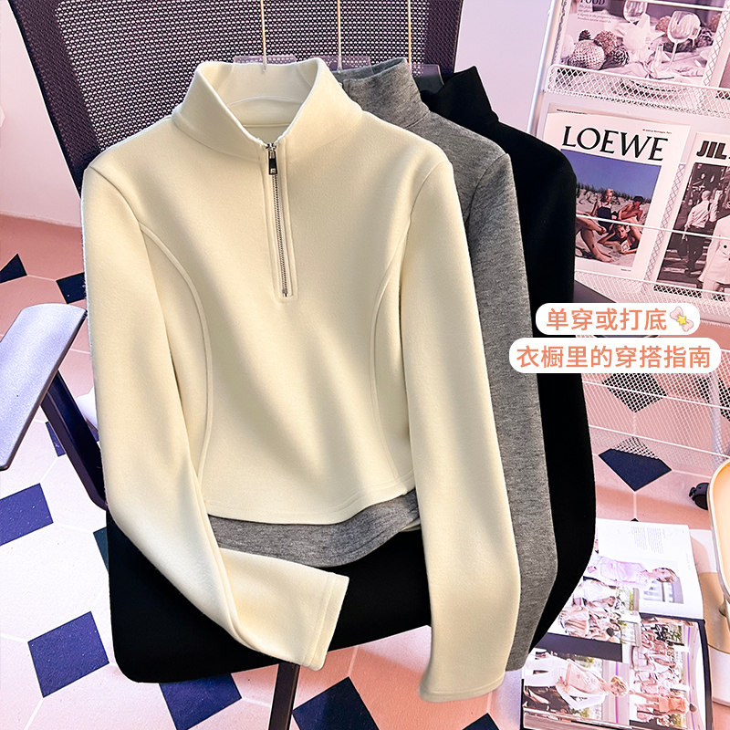 假两件上衣女秋冬小个子卫衣短款半拉链立领加厚拼接长袖t恤