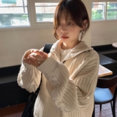 aaaaxbbb 济州橙酒 麻花针织毛衣套头纽扣高领2way休闲韩系上衣女