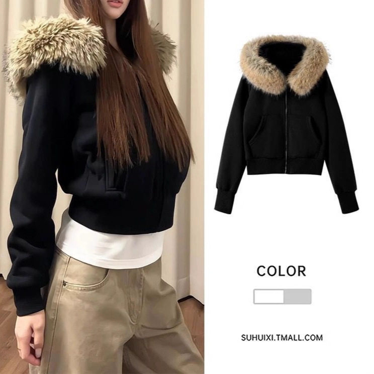 灰色毛领美式连帽卫衣外套女加绒短款上衣收腰修身连帽衫秋季2025